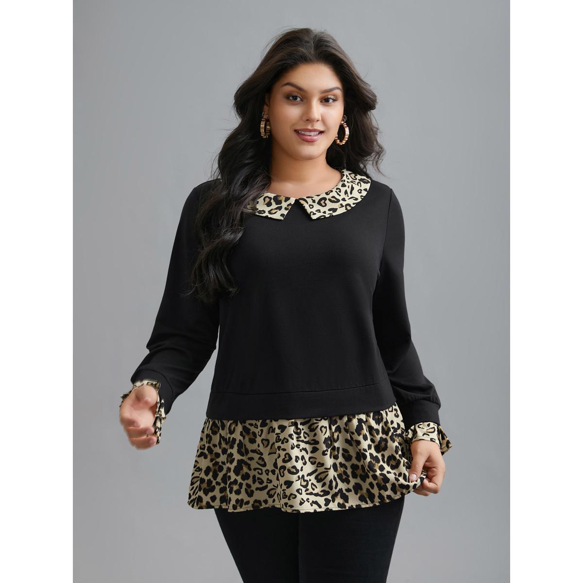 Plus Size Peter Pan Collar Leopard Print Patchwork Sweatshirt Women Black Elegant Contrast Peter Pan collar Everyday Sweatshirts BloomChic 22-24/3X Product Image