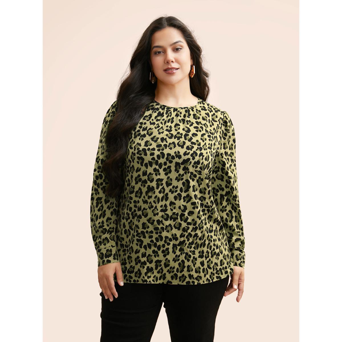 Plus Size Moss Leopard Print Mock Neck Gathered Blouse Women At the Office Long Sleeve Mock Neck Work Blouses BloomChic 30/6X Product Image