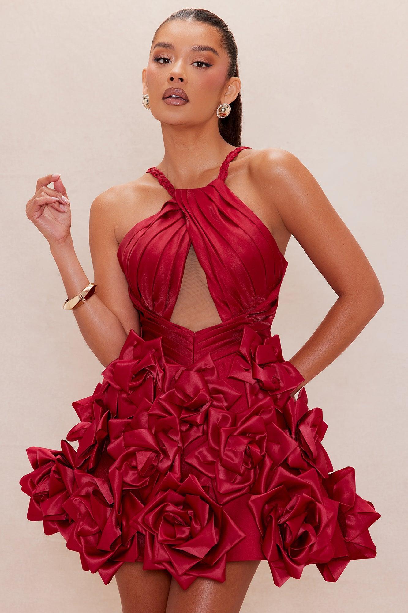 Jasmina Floral Satin Mini Dress - Red Product Image