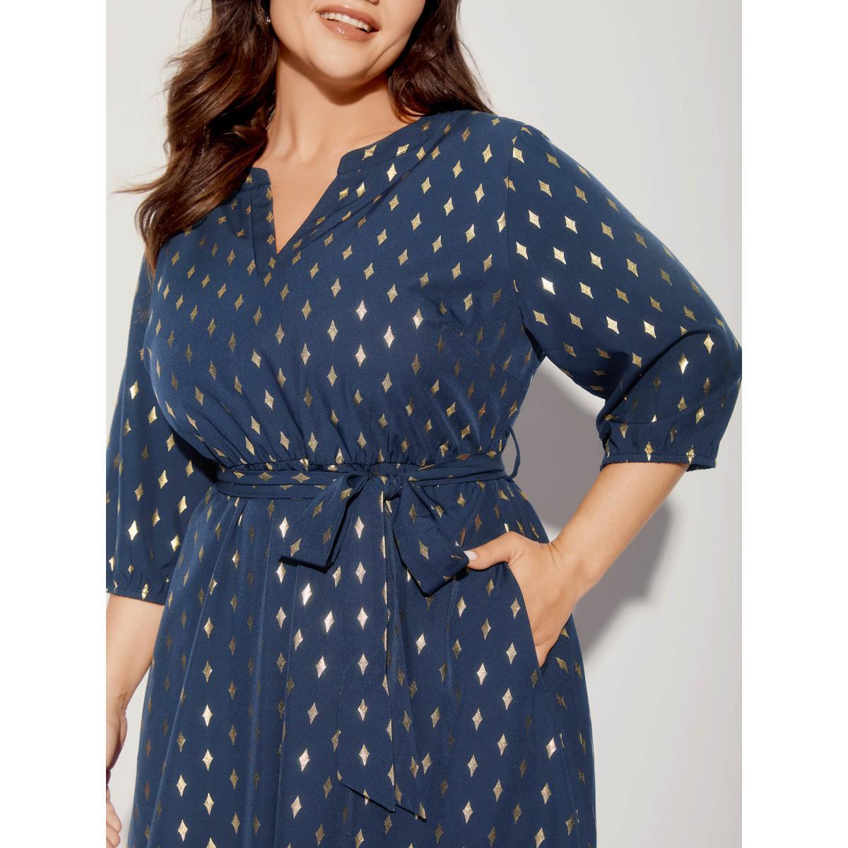 Plus Size Glitter Notched Lantern Sleeve Midi Dress Indigo Women Formal Gathered Notched collar Elbow-length sleeve Curvy BloomChic 26/4X Product Image