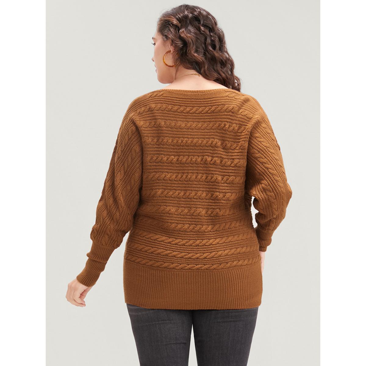 Plus Size Solid Pointelle Knit Dolman Sleeve Surplice Neck Knit Top Bronze Women Casual Loose Long Sleeve V-neck Dailywear Pullovers BloomChic 28/5X Product Image