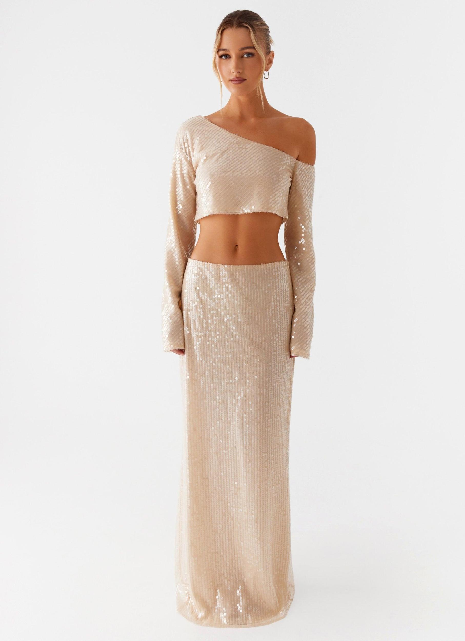 Wisteria Off Shoulder Long Sleeve Sequin Top - Champagne Product Image