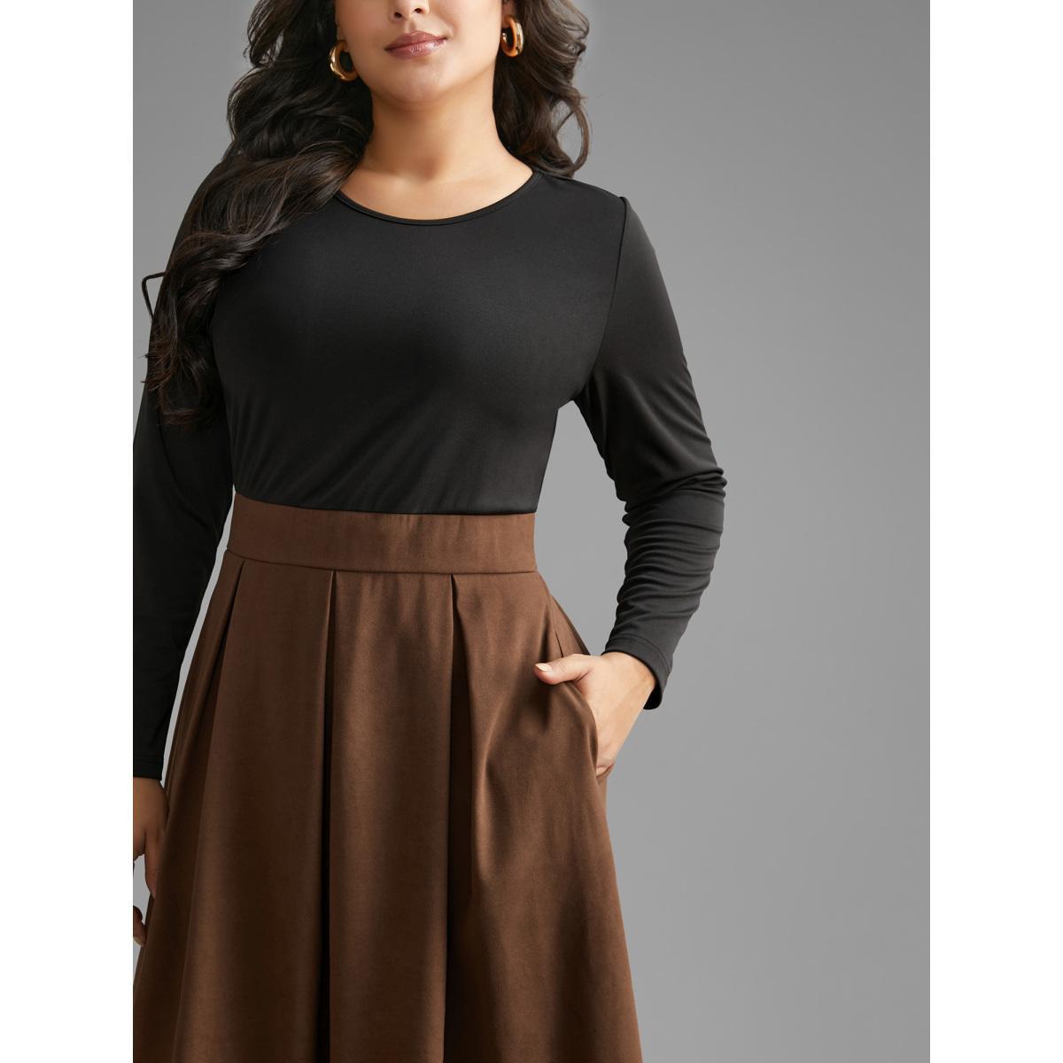Plus Size Crew Neck Contrast Shirred Pleated Dress Browncoffeecolor Women Casual Contrast Round Neck Long Sleeve Curvy BloomChic 14-16/1X Product Image