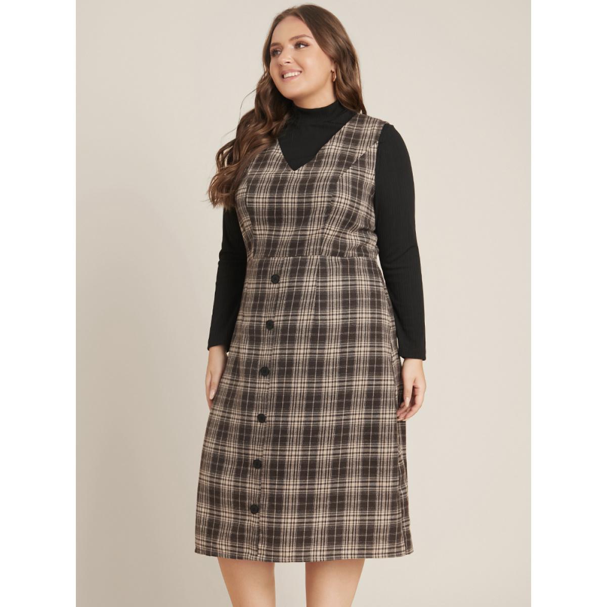 Plus Size Plaid Sleeveless Button Detail Dress Without Sweater DarkBrown Women Office Button V-neck Sleeveless Curvy Midi Dress BloomChic 14-16/1X Product Image