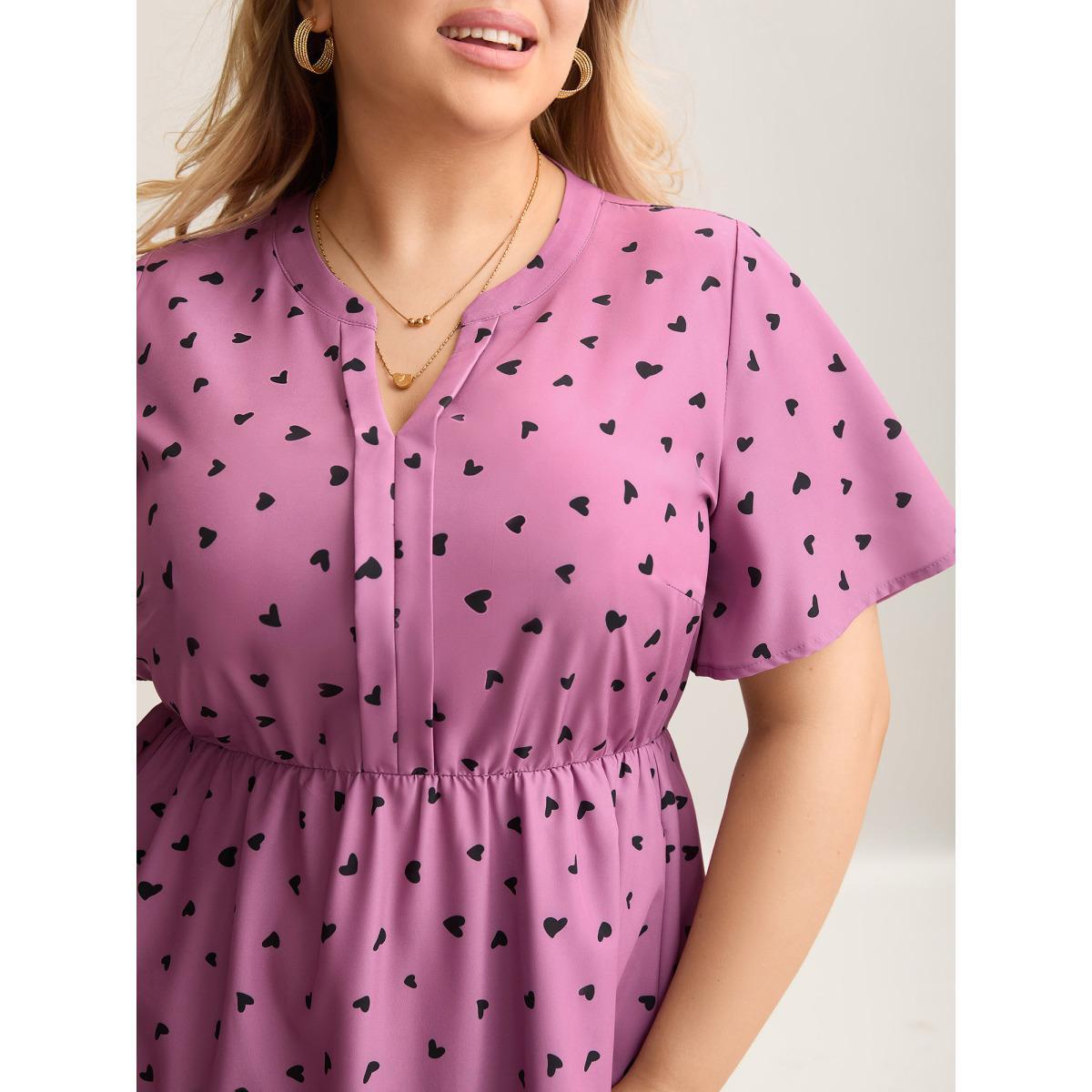 Plus Size Ruffled Sleeve Printed Pockets Midi Dress Lilac Women Elegant Tucked seam Notched collar Short sleeve Curvy BloomChic 12/L Product Image
