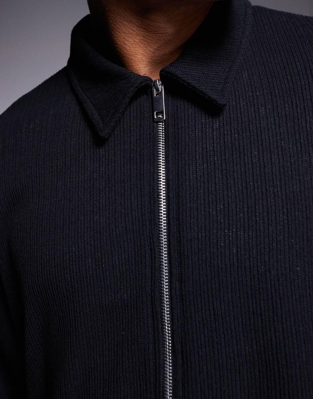 ASOS DESIGN oversized boxy zip through shacket with ribbed texture in black Product Image