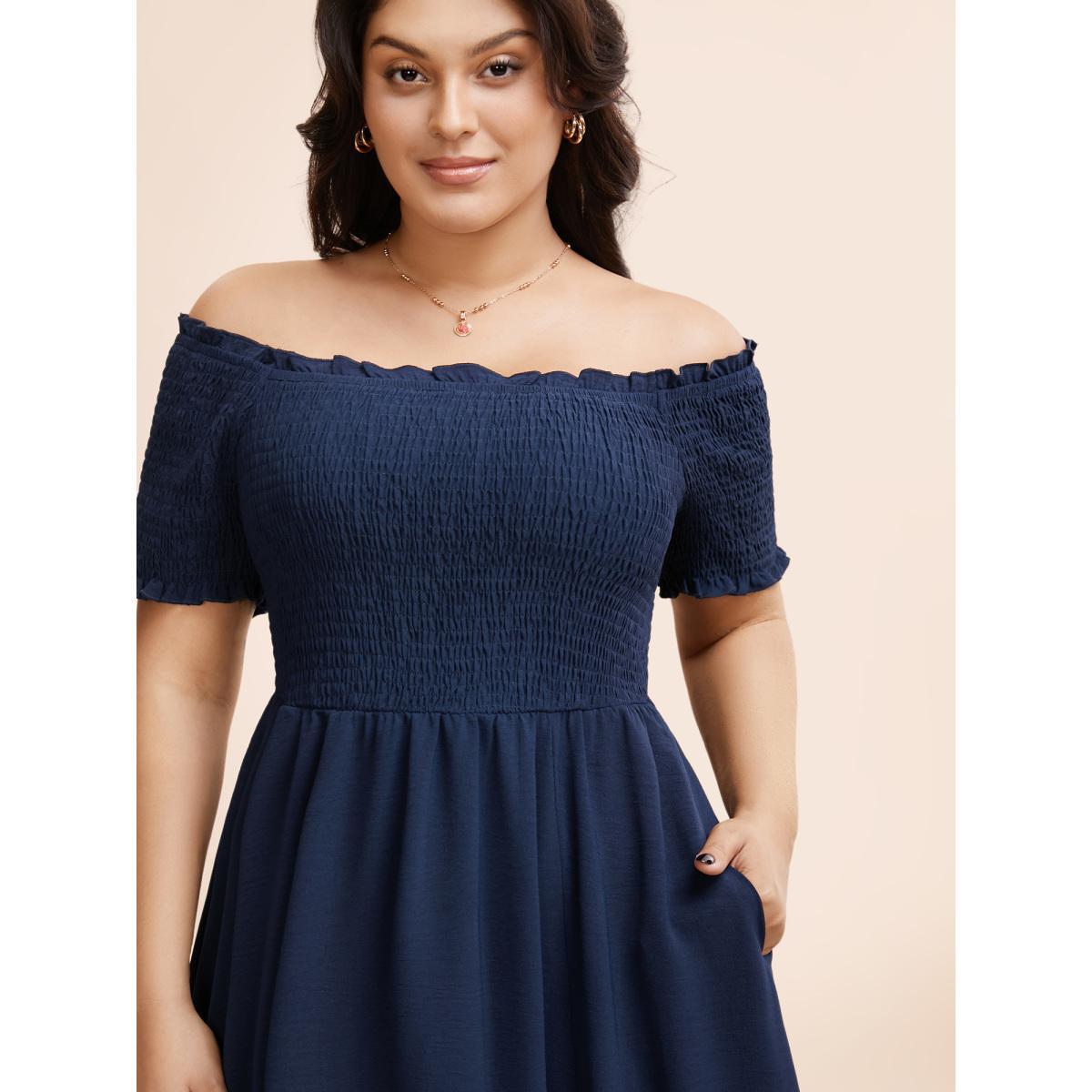 Plus Size Off Shoulder Shirred Lace Patchwork Dress Indigo Women Elegant Woven ribbon&lace trim One-shoulder neck Short sleeve Curvy BloomChic 14-16/1X Product Image