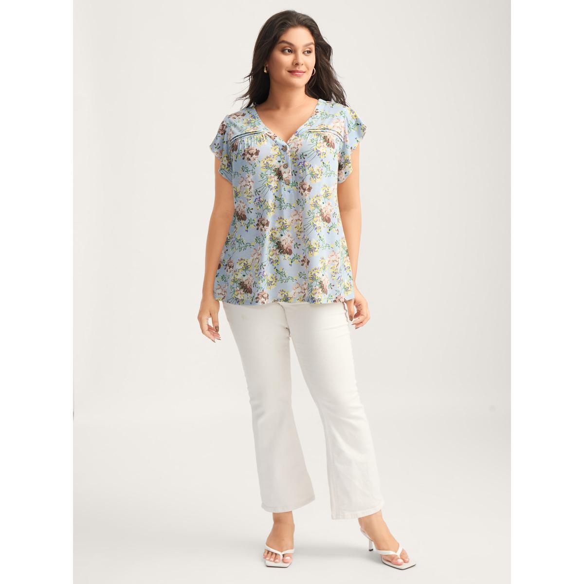 Plus Size Floral Pleated Button Detail Blouse Multicolor Women Tucked seam V-neck Everyday-Elegant T-shirts BloomChic 14-16/1X Product Image