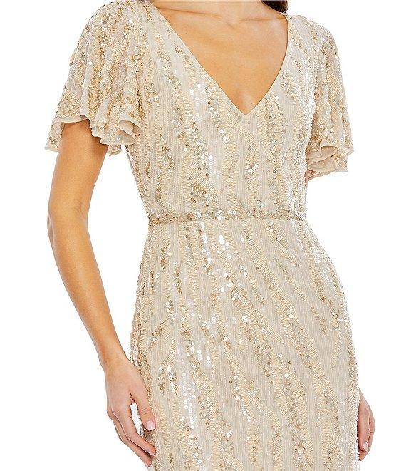 Mac Duggal Embellished Sequin Plunge V-Neck Short Flutter Sleeve Midi Sheath Dress Product Image