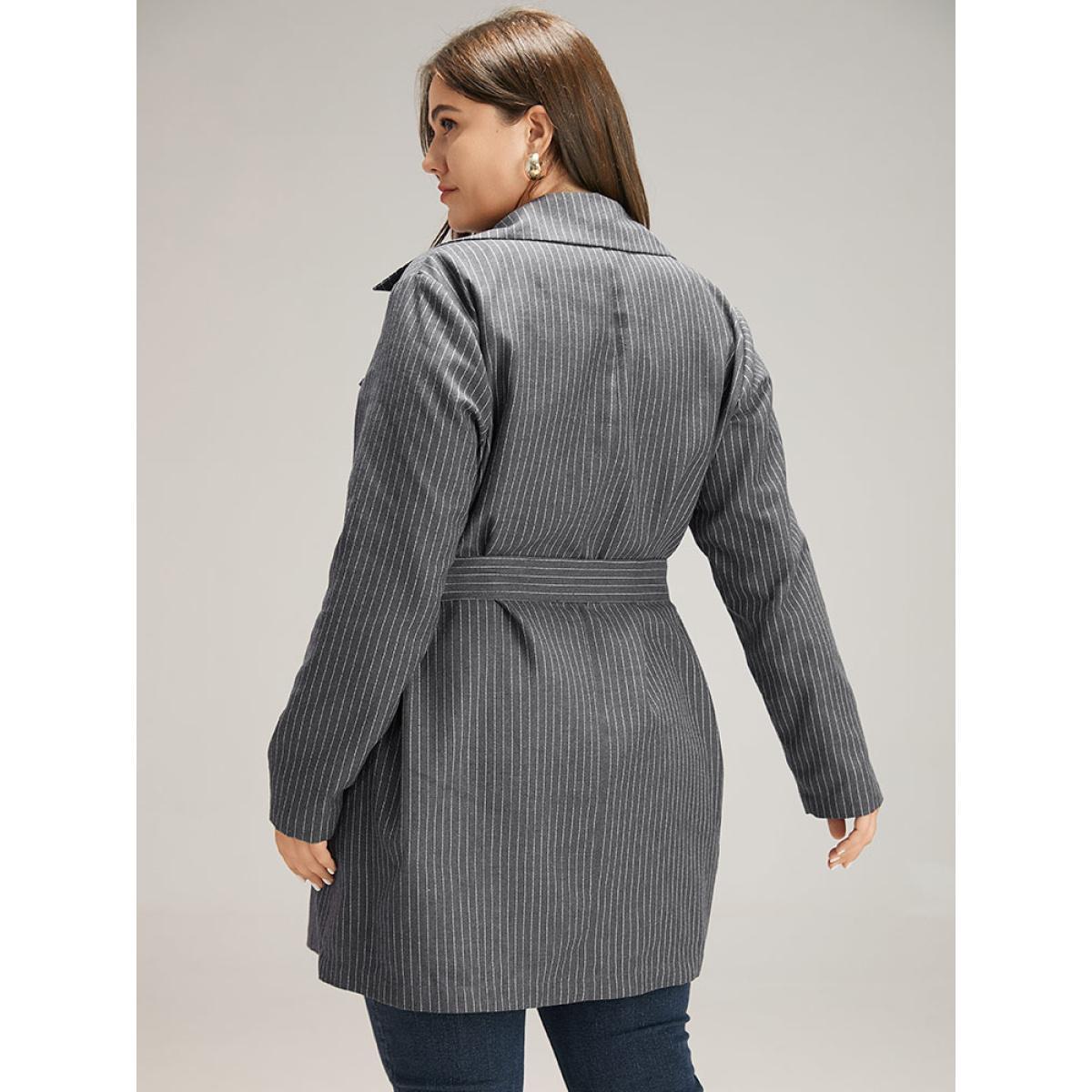 Plus Size Striped Belted Lapel Collar Tunic Coat Women DimGray Casual Belted Ladies Dailywear Winter Coats BloomChic 18-20/2X Product Image