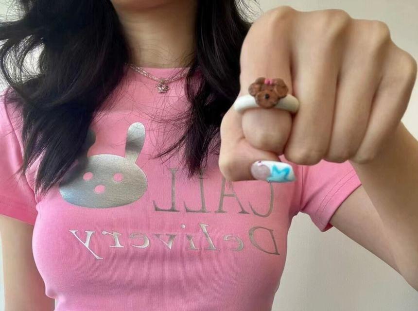 Short-Sleeve Lettering Rabbit Print Cropped Top Product Image