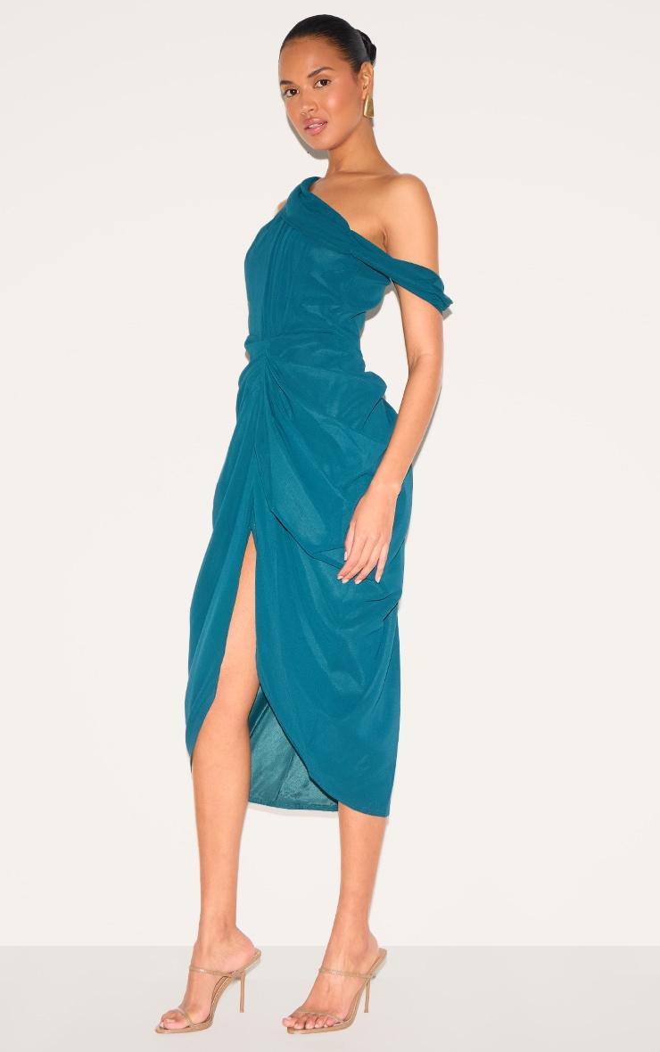 Emerald Green Chiffon Asymmetric Strap Draped Midi Dress Product Image