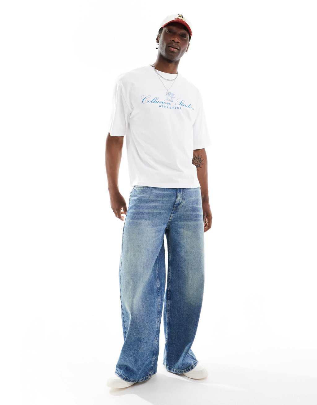 COLLUSION White boxy crop t-shirt with blue print  Product Image