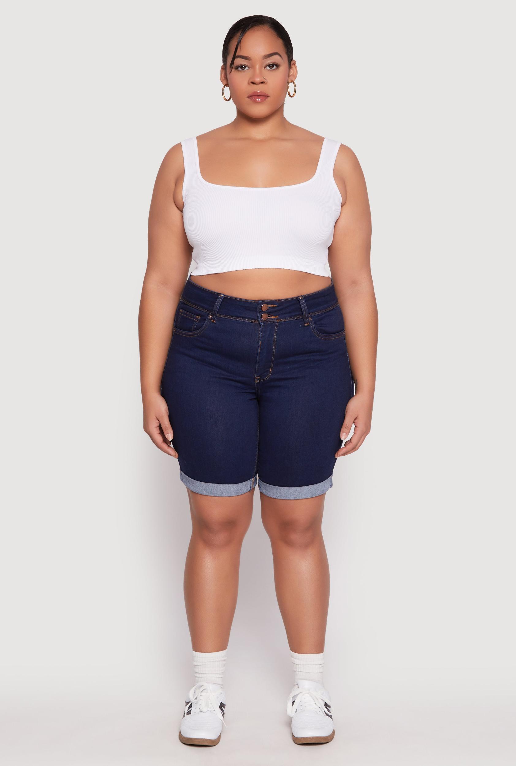 Womens Plus Size WAX Two Button Denim Bermuda Shorts Product Image