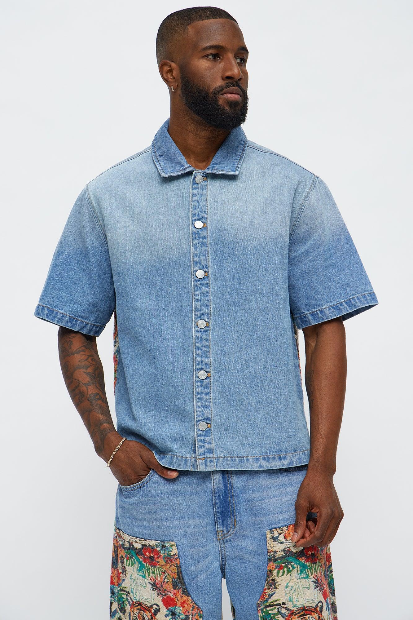 Relaxed Ansel Tapestry Denim Short Sleeve Shirt - Blue/combo Male Product Image