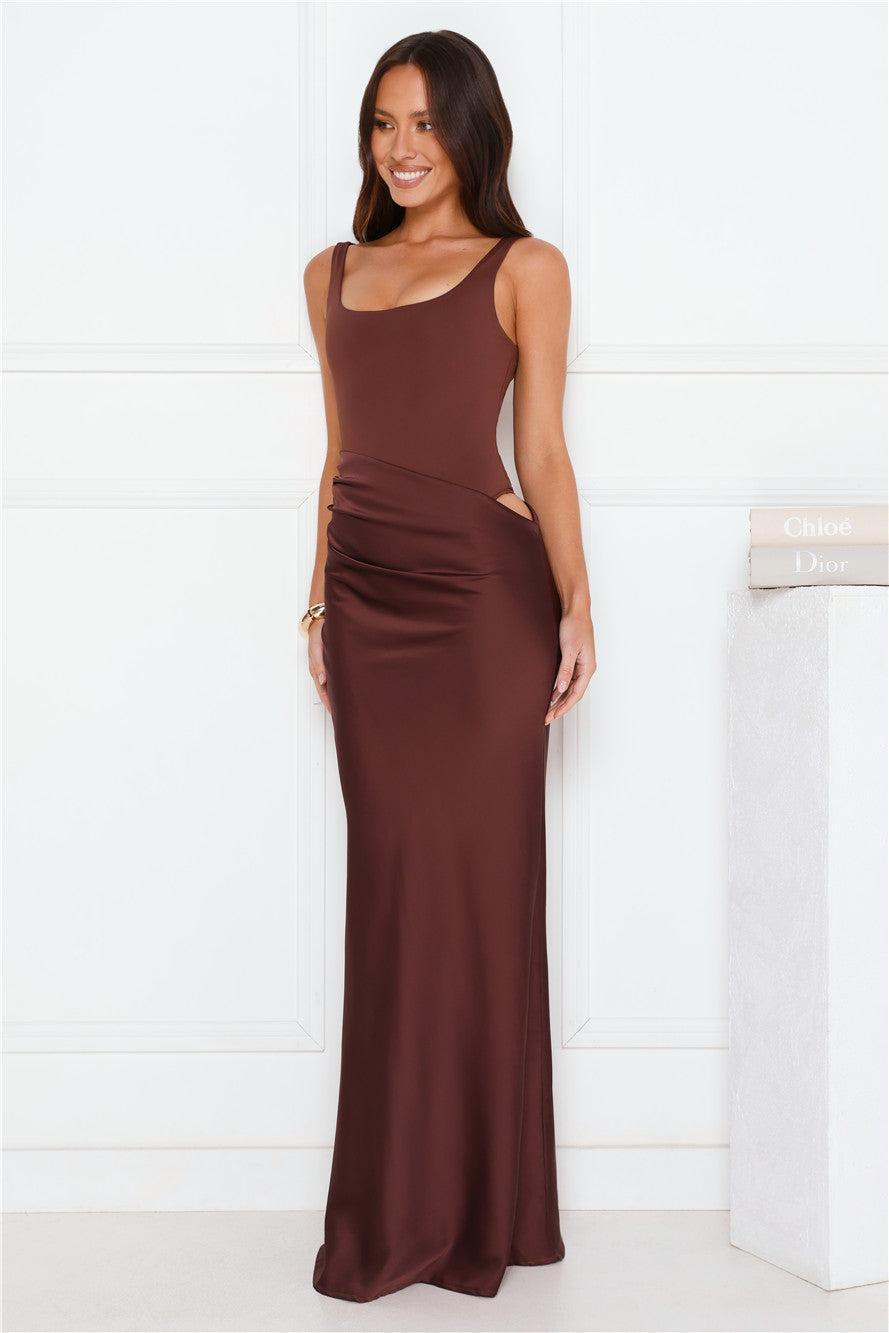 Effortlessly Yours Satin Maxi Dress Chocolate Product Image