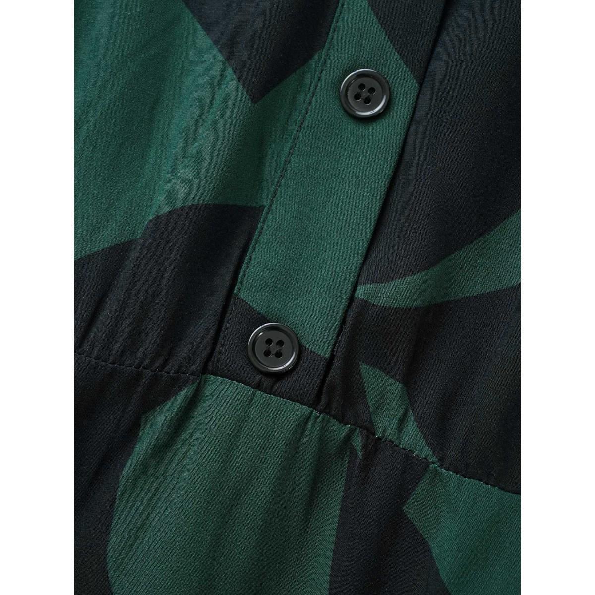 Plus Size Plant Pocket Puff Sleeve Belt Ruffle Hem Button Up Dress DarkGreen Women Office Belted Shirt collar Short sleeve Curvy Knee Dress BloomChic 14-16/1X Product Image