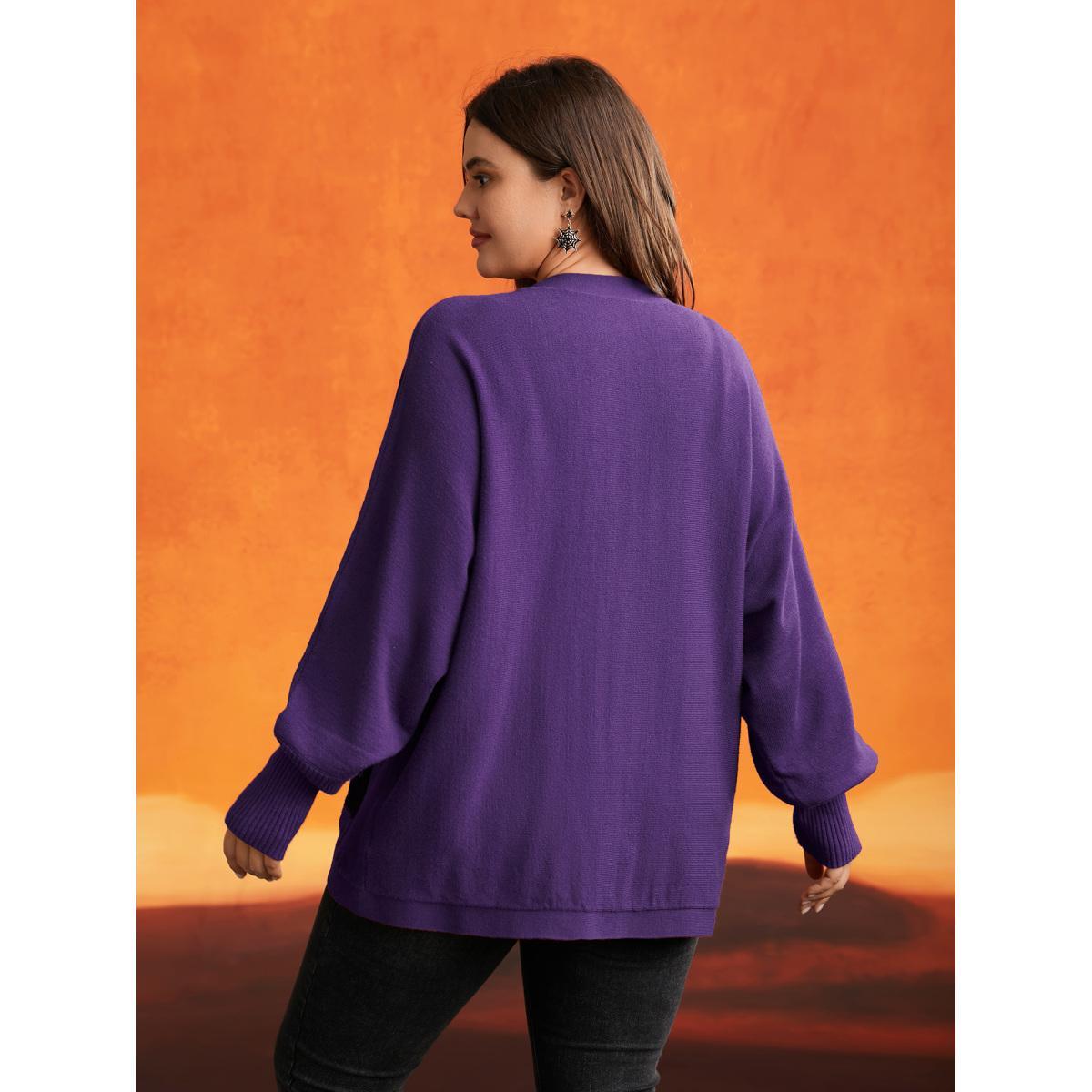 Plus Size Cat Printed Pockets Arc Hem Cardigan Deeppurple Women Casual Loose Long Sleeve Everyday Cardigans BloomChic 18-20/2X Product Image