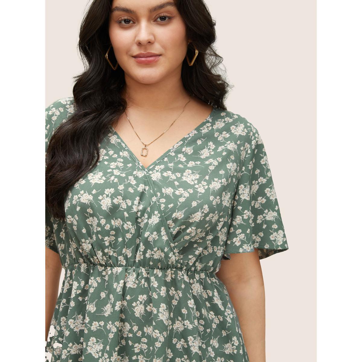 Plus Size Mint Ditsy Floral Elastic Waist Wrap Asymmetrical Hem Blouse Women Elegant Short sleeve Overlap Collar Everyday Blouses BloomChic 28/5X Product Image
