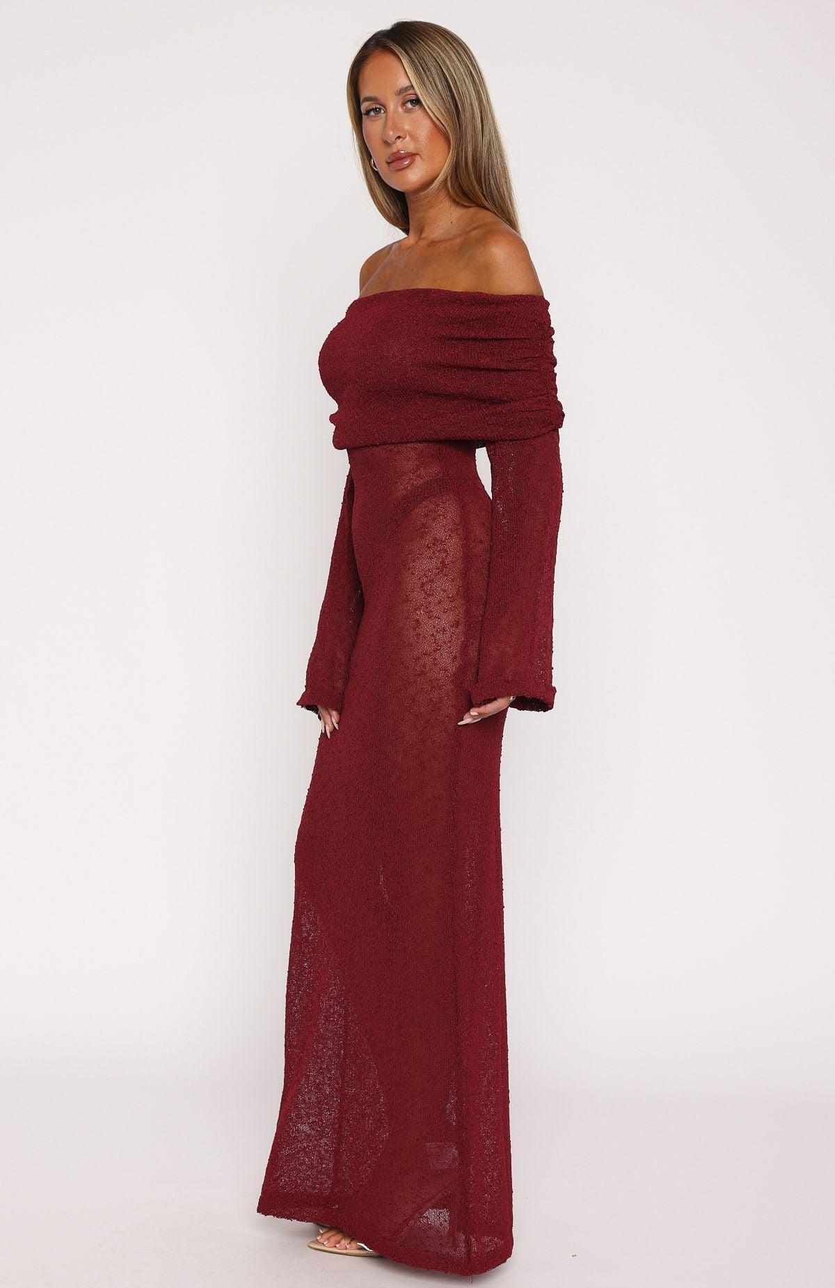 Made It Out Long Sleeve Boucle Maxi Dress Burgundy Product Image