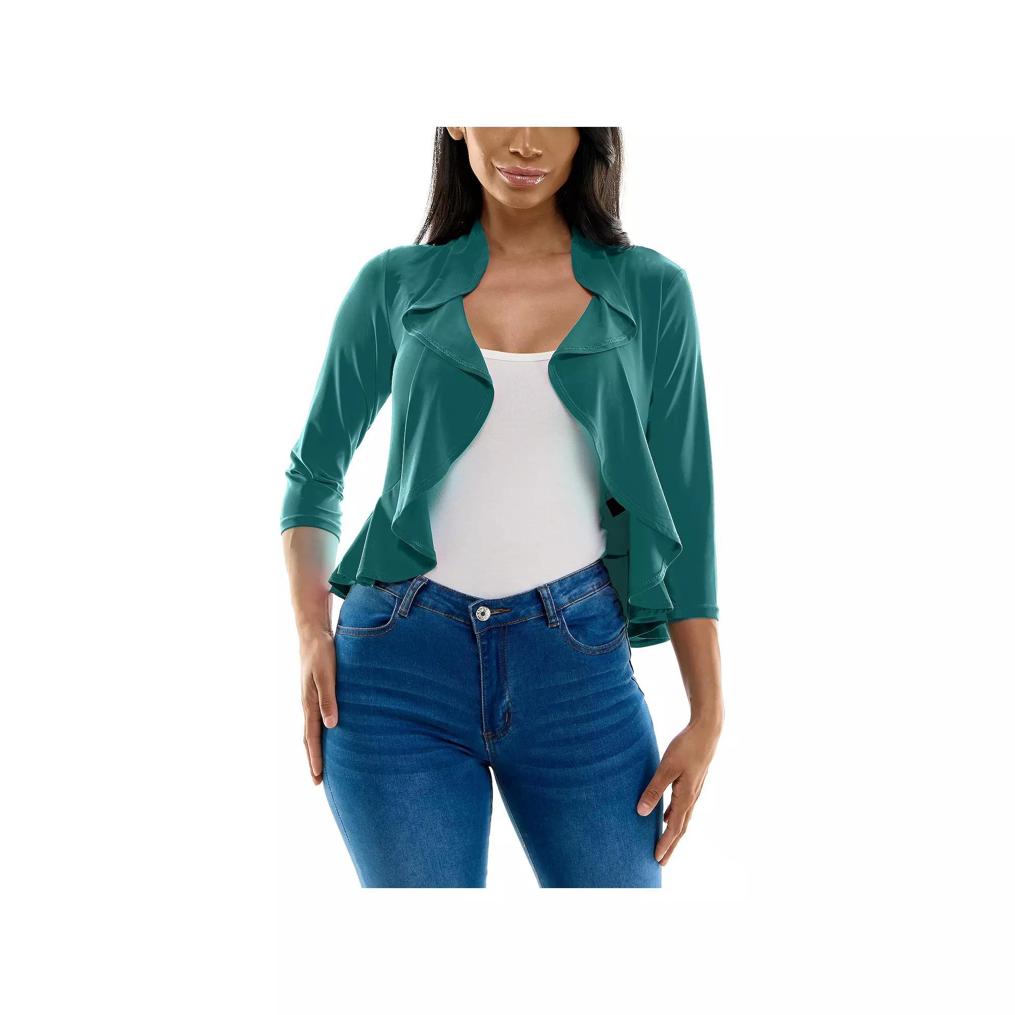 Women's Nina Leonard Ruffle Front Cropped Cardigan, Size: Medium, Radiant Blue Product Image