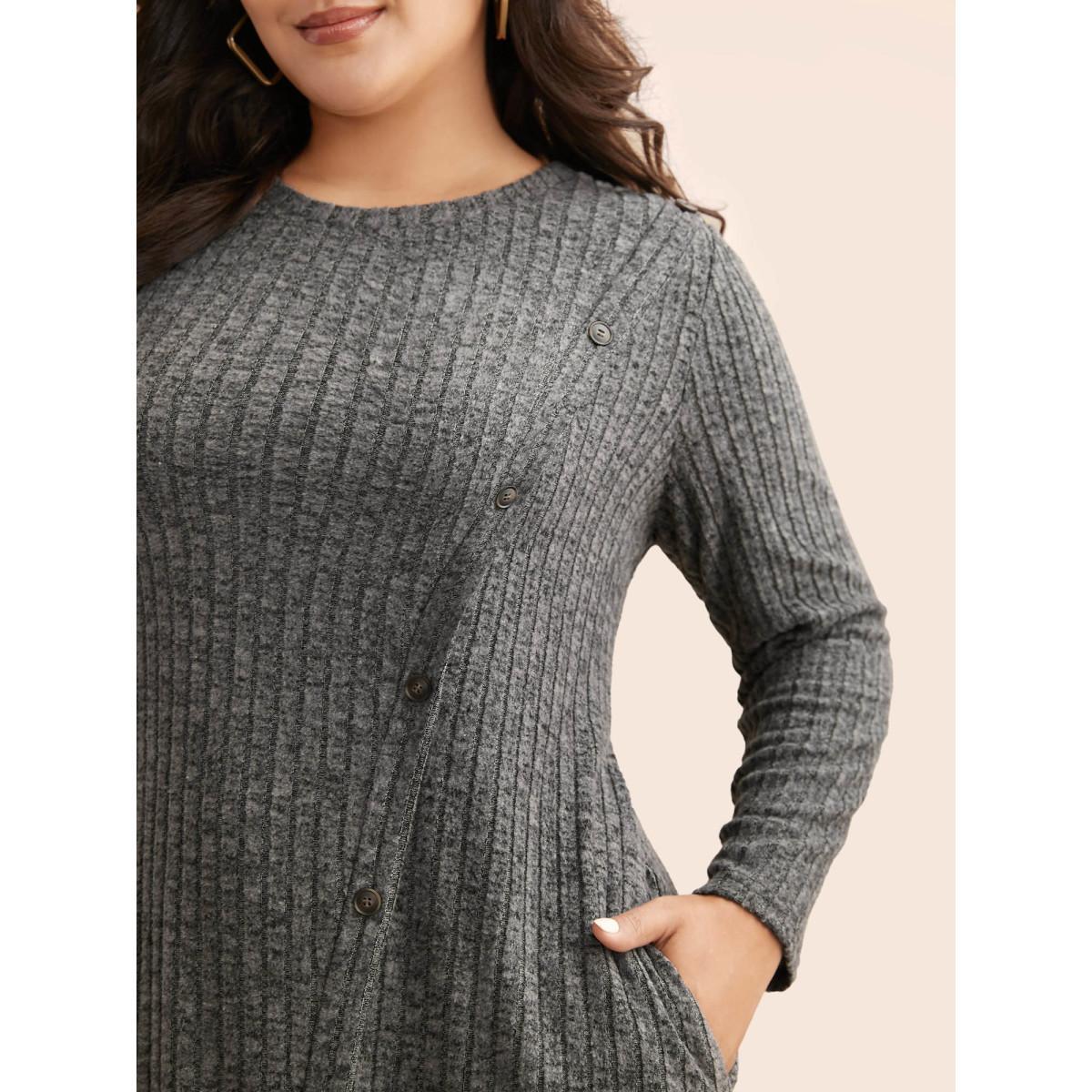 Plus Size Crew Neck Button Detail Slim Fit Dress DimGray Women Casual Texture Round Neck Long Sleeve Curvy BloomChic 10/M Product Image