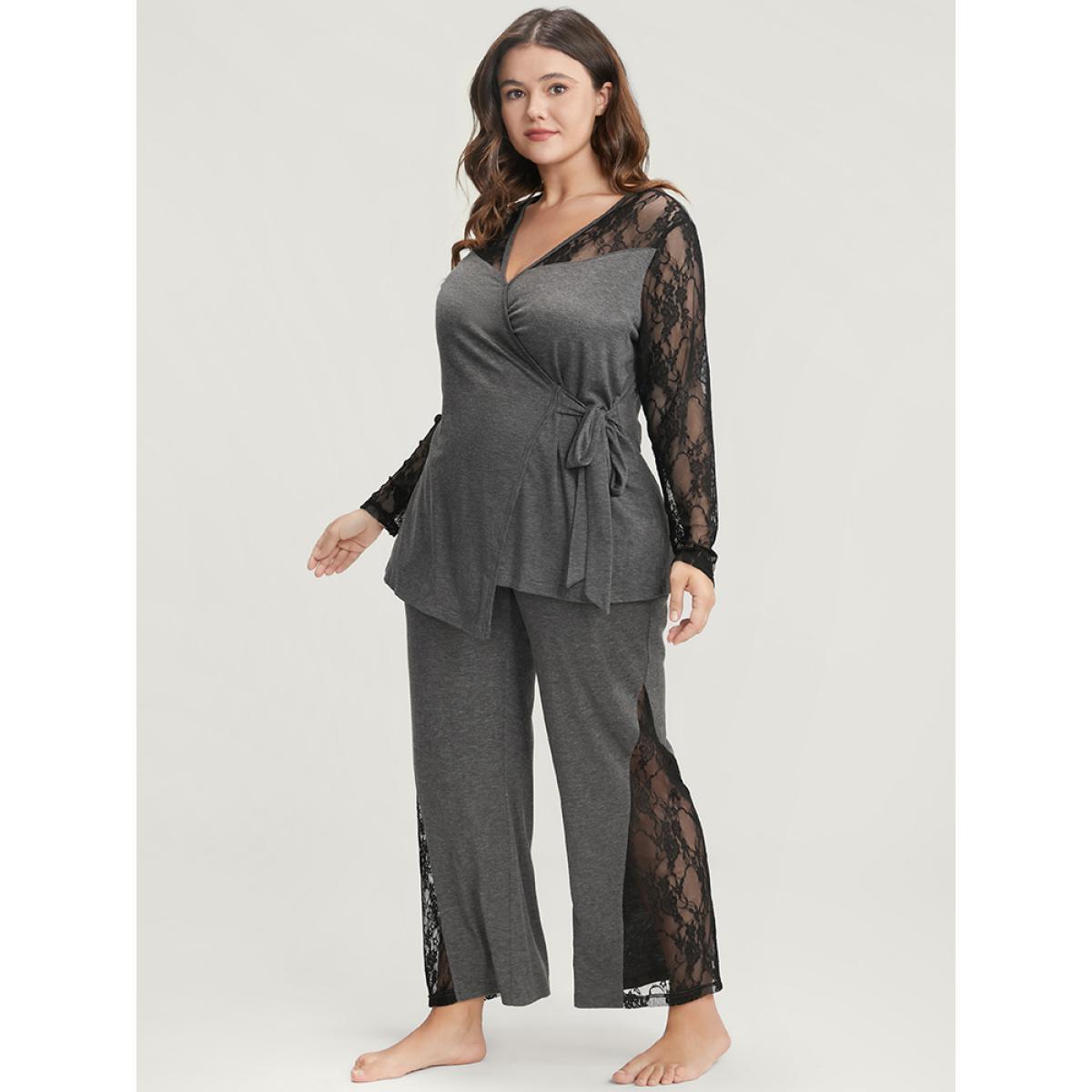 Plus Size Solid Contrast Lace Knot Side Pajama Set Women DimGray Plain Patchwork Long Sleeve V-neck Elegant Loungewear Sets BloomChic 12/L Product Image