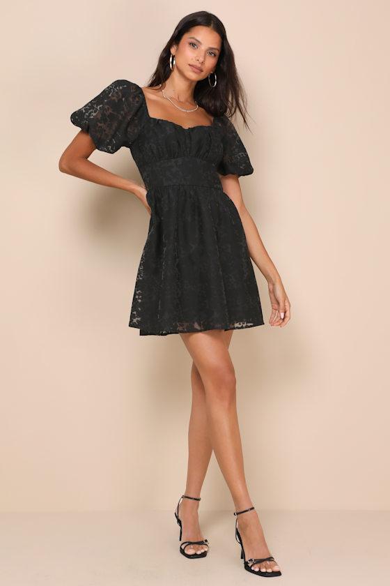 Sweetest Effect Black Floral Burnout Puff Sleeve Mini Dress Product Image