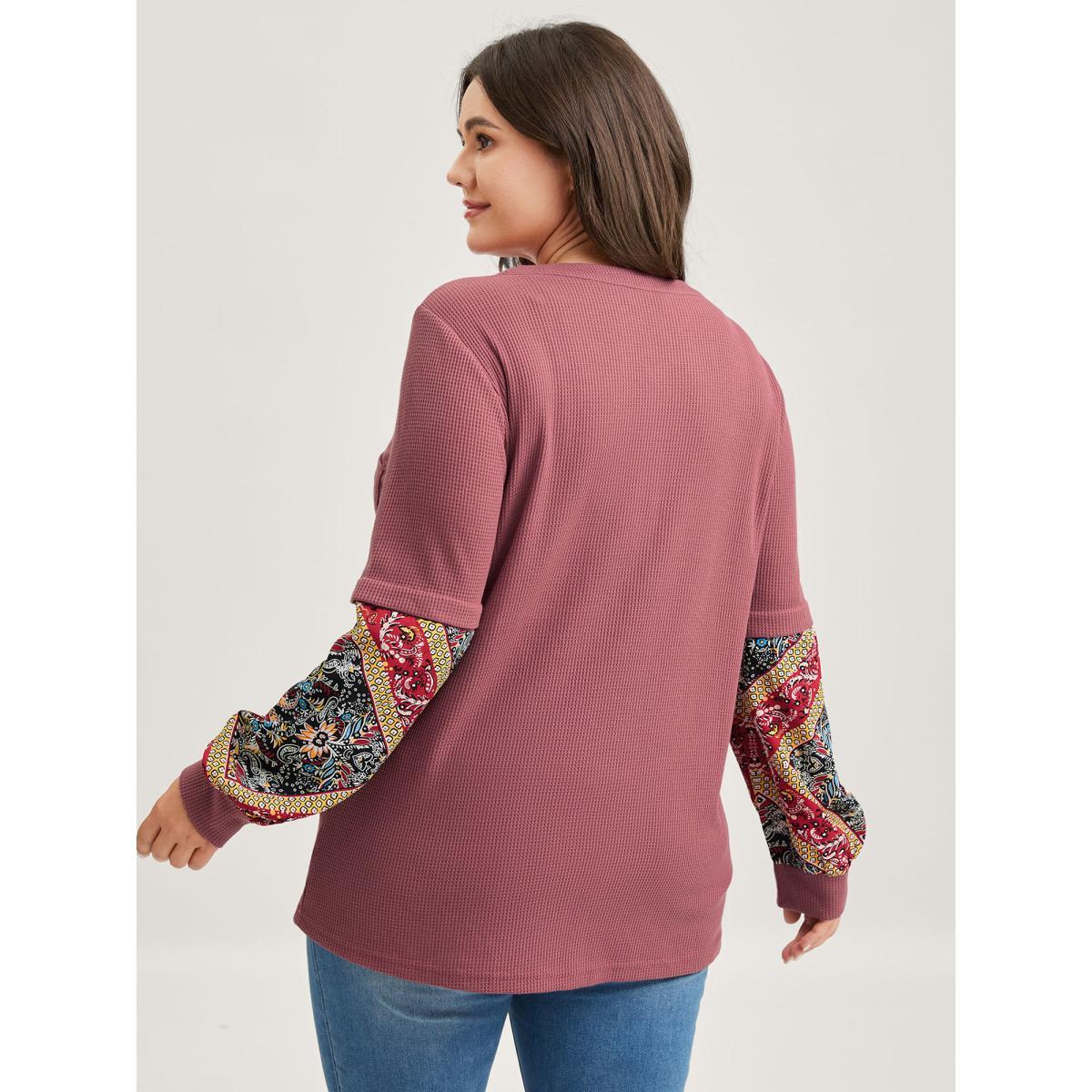 Plus Size Waffle Grid Contrast Paisley Solid Sleeve Sweatshirt Women DustyPink Texture Round Neck Everyday-Casual Sweatshirts BloomChic 26/4X Product Image