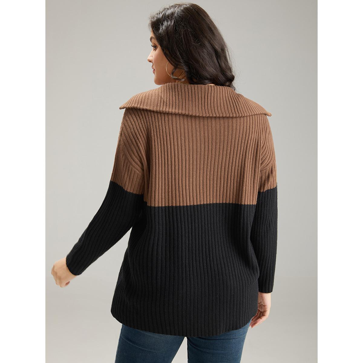 Plus Size Colorblock Contrast Half Zip Lapel Collar Pullover Black Women Casual Loose Long Sleeve Lapel Collar Dailywear Pullovers BloomChic 10/M Product Image