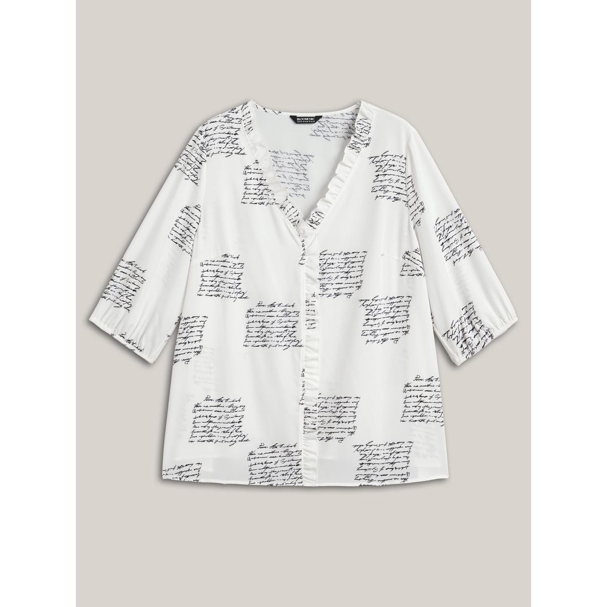 Plus Size Originalwhite Text Pattern Ruffled Lantern Sleeve Blouse Women At the Office Elbow-length sleeve V-neck Work Blouses BloomChic 30/6X Product Image