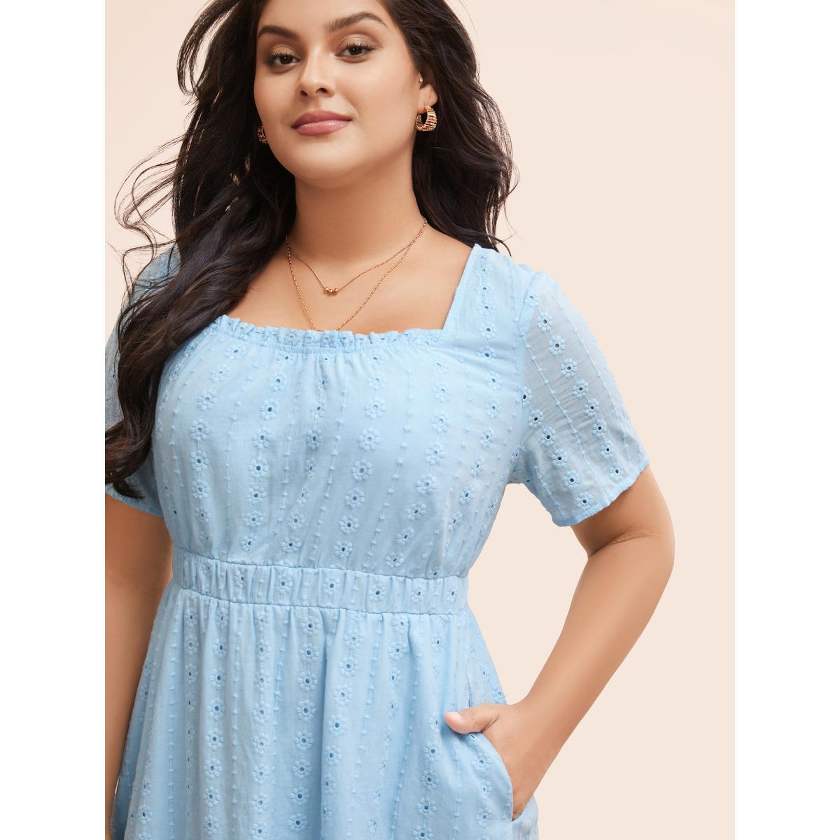 Plus Size Square Neck Broderie Anglaise Frill Trim Dress Skyblue Women Elegant Texture Square Neck Short sleeve Curvy BloomChic 28/5X Product Image