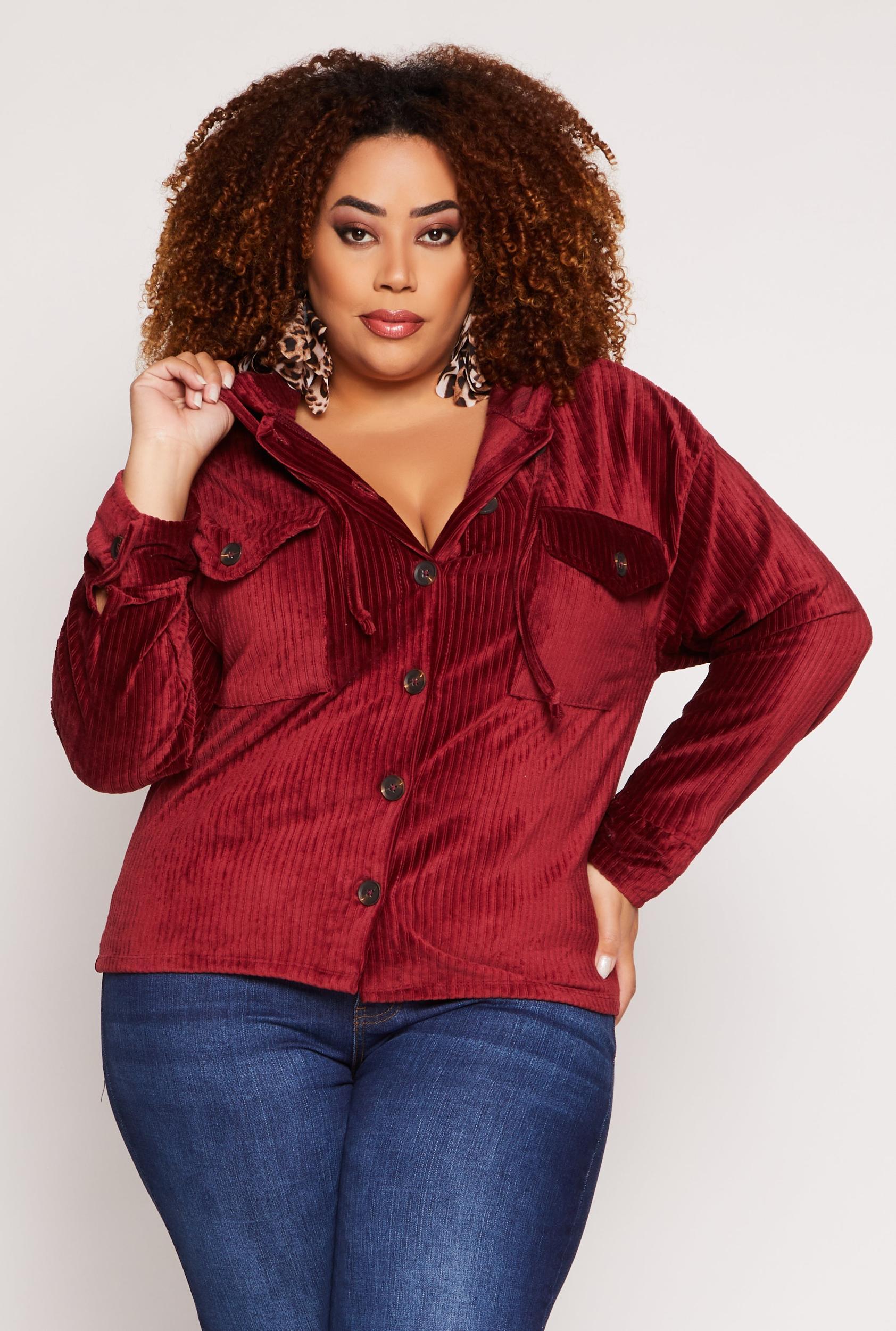 Womens Plus Size Velour Ribbed Hooded Shirt Product Image