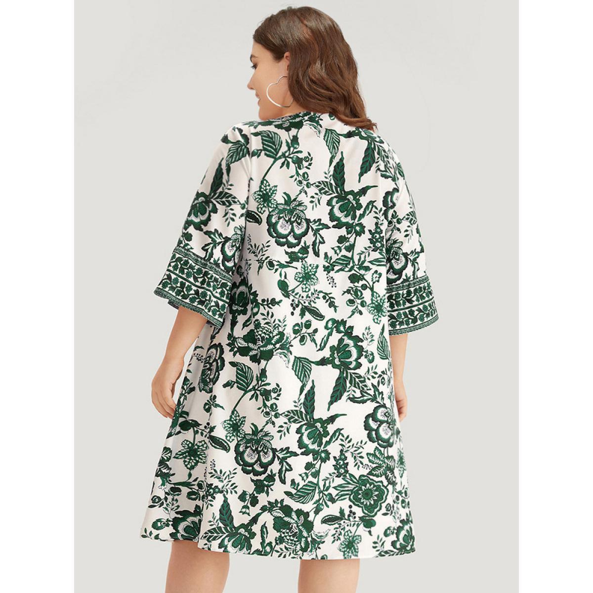 Plus Size Bandana Print Knot Neck Button Detail Dress DarkGreen Women Vacation Cross straps V-neck Elbow-length sleeve Curvy Midi Dress BloomChic 12/L Product Image
