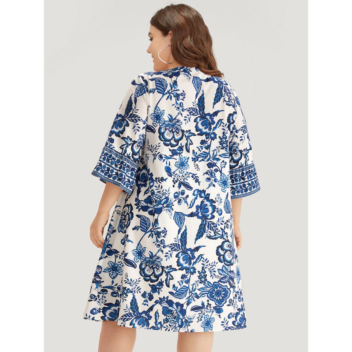 Plus Size Bandana Print Knot Neck Button Detail Dress DarkBlue Women Vacation Cross straps V-neck Elbow-length sleeve Curvy Midi Dress BloomChic 12/L Product Image