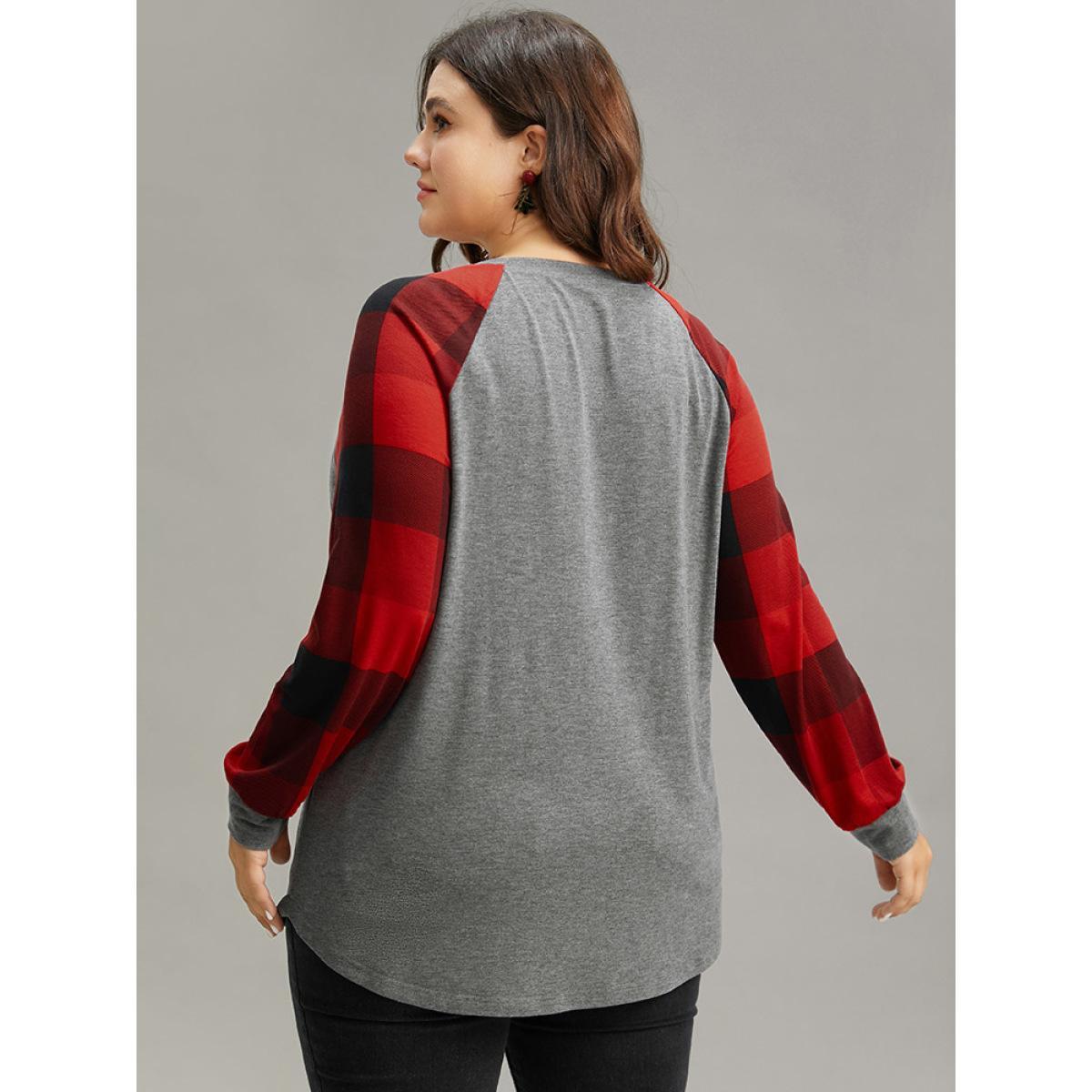 Plus Size Christmas Sequin Plaid Patchwork T-shirt Gray Women Casual Sequin Christmas Festival-Christmas T-shirts BloomChic 30/6X Product Image