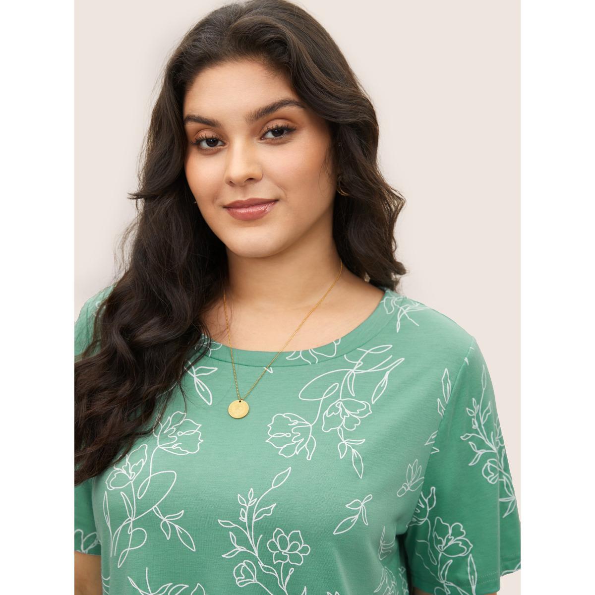 Plus Size Line Floral Print Crew Neck T-shirt Mint Women Elegant Round Neck Everyday T-shirts BloomChic 30/6X Product Image