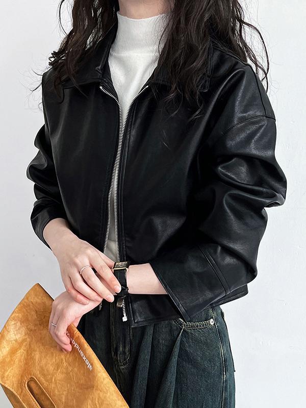 Long Sleeves Loose Solid Color Zipper Lapel Collar Jackets&Coats Outerwear Product Image