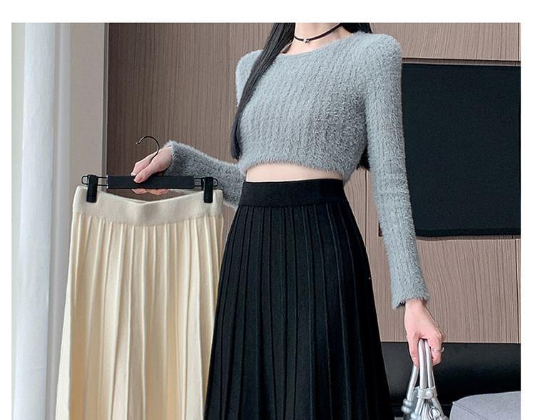 High Waist Plain Knit Maxi A-Line Skirt Product Image