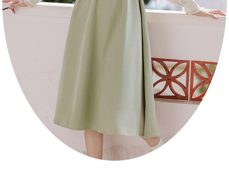 Mock Two-Piece Puff-Sleeve Stand Collar Rabbit Embroidered Midi Dress Product Image