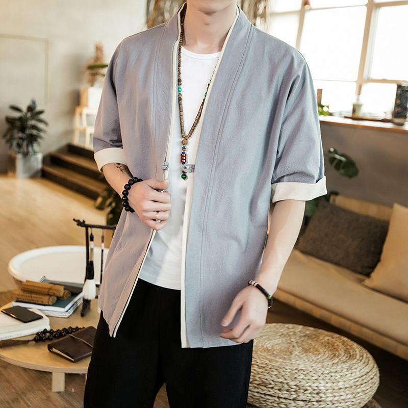 Elbow-Sleeve Open Front Linen Jacket Product Image