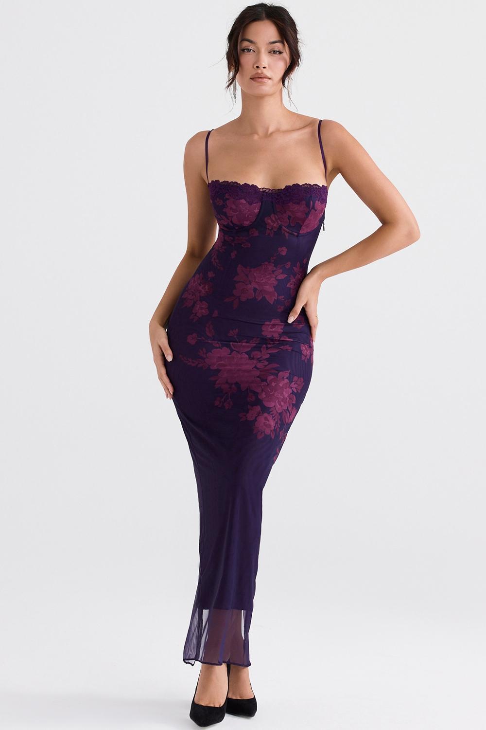 Aiza Grape Floral Print Maxi Dress Product Image