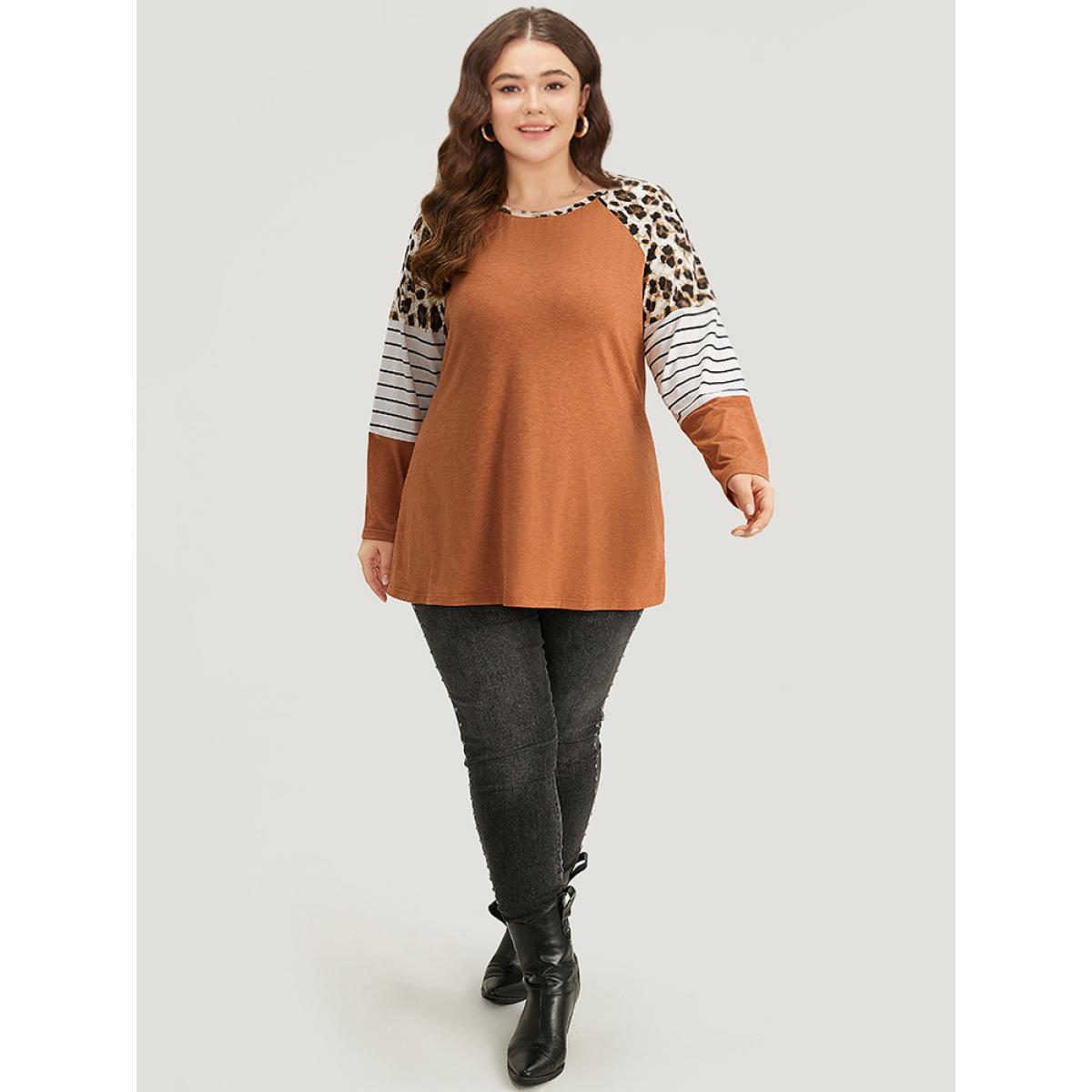 Plus Size Striped Patchwork Leopard Print Crew Neck T-shirt Chocolate Women Casual Contrast Leopard Round Neck Dailywear T-shirts BloomChic 10/M Product Image