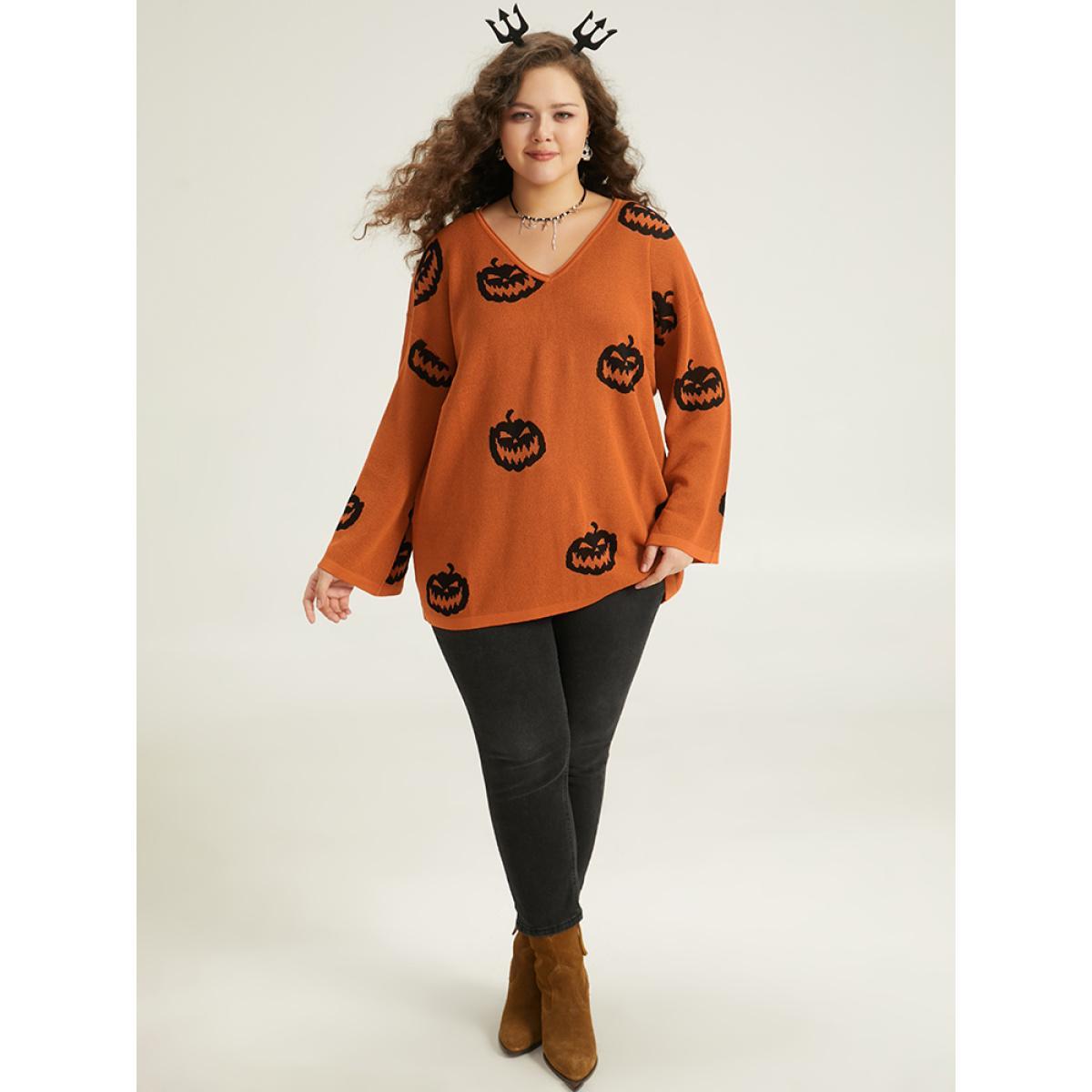 Plus Size Halloween V Neck Bell Sleeve Pullover Chocolate Women Casual Loose Long Sleeve V-neck Dailywear Pullovers BloomChic 12/L Product Image