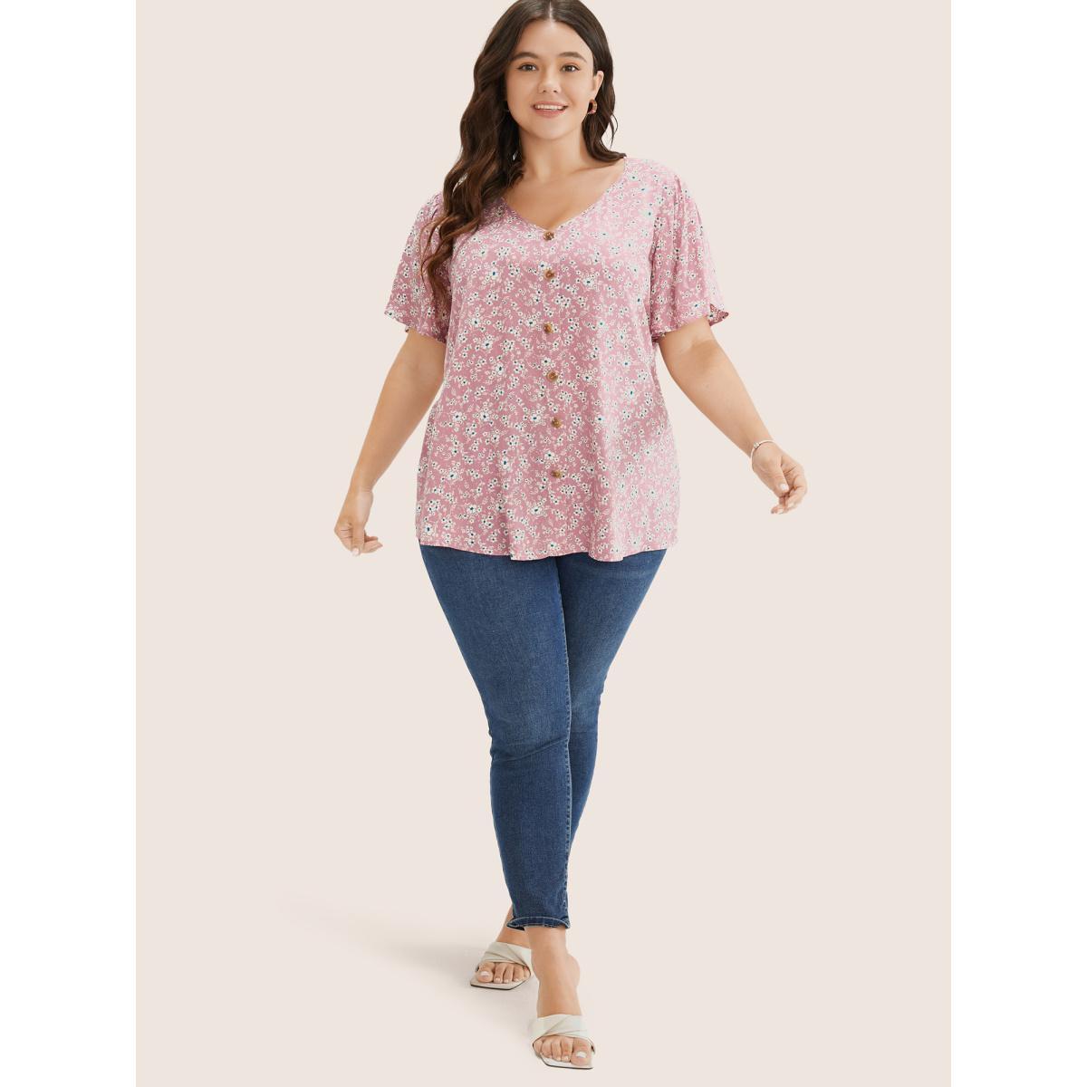Plus Size Pink Ditsy Floral Contrast Ruffle Sleeve Button Detail Blouse Women Elegant Short sleeve Non Everyday Blouses BloomChic 12/L Product Image
