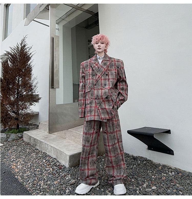 Set: Lapel Collar Plaid Double Breasted Blazer + Mid Rise Wide Leg Pants Product Image