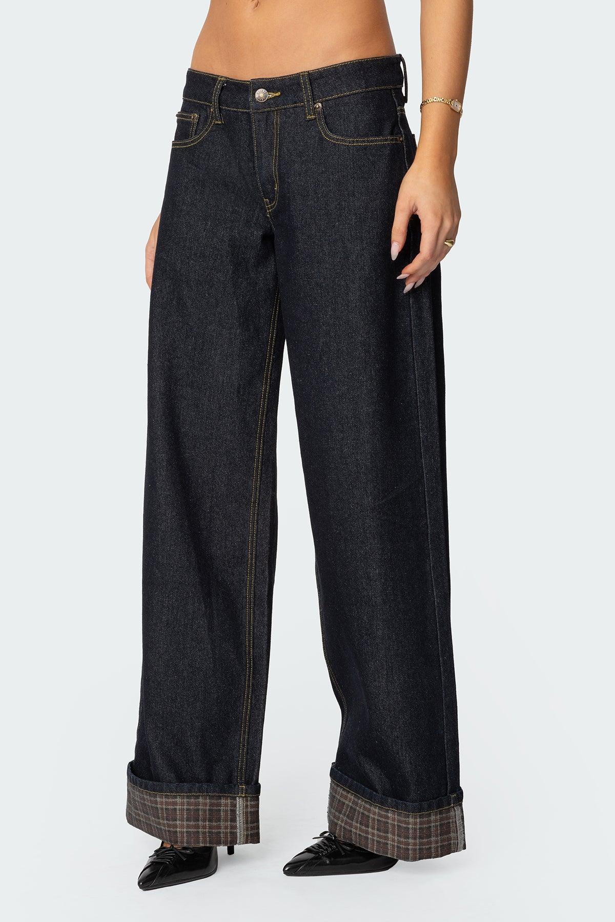 Plaid Cuffed Low Rise Jeans Product Image