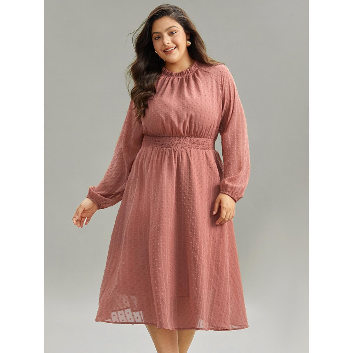 Plus Size Polka Dot Shirred Mock Neck Dress DustyPink Women Elegant Elastic cuffs Mock Neck Long Sleeve Curvy Midi Dress BloomChic 14-16/1X Product Image
