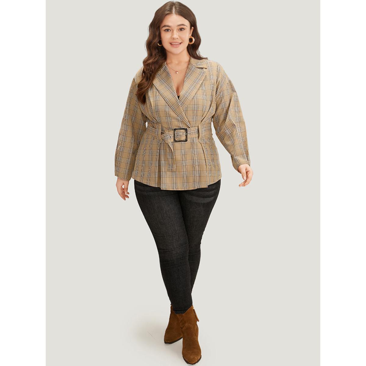 Plus Size Plaid Metal Buckle Detail Pleated Coat Women Tan Casual Belted Ladies Dailywear Winter Coats BloomChic 28/5X Product Image