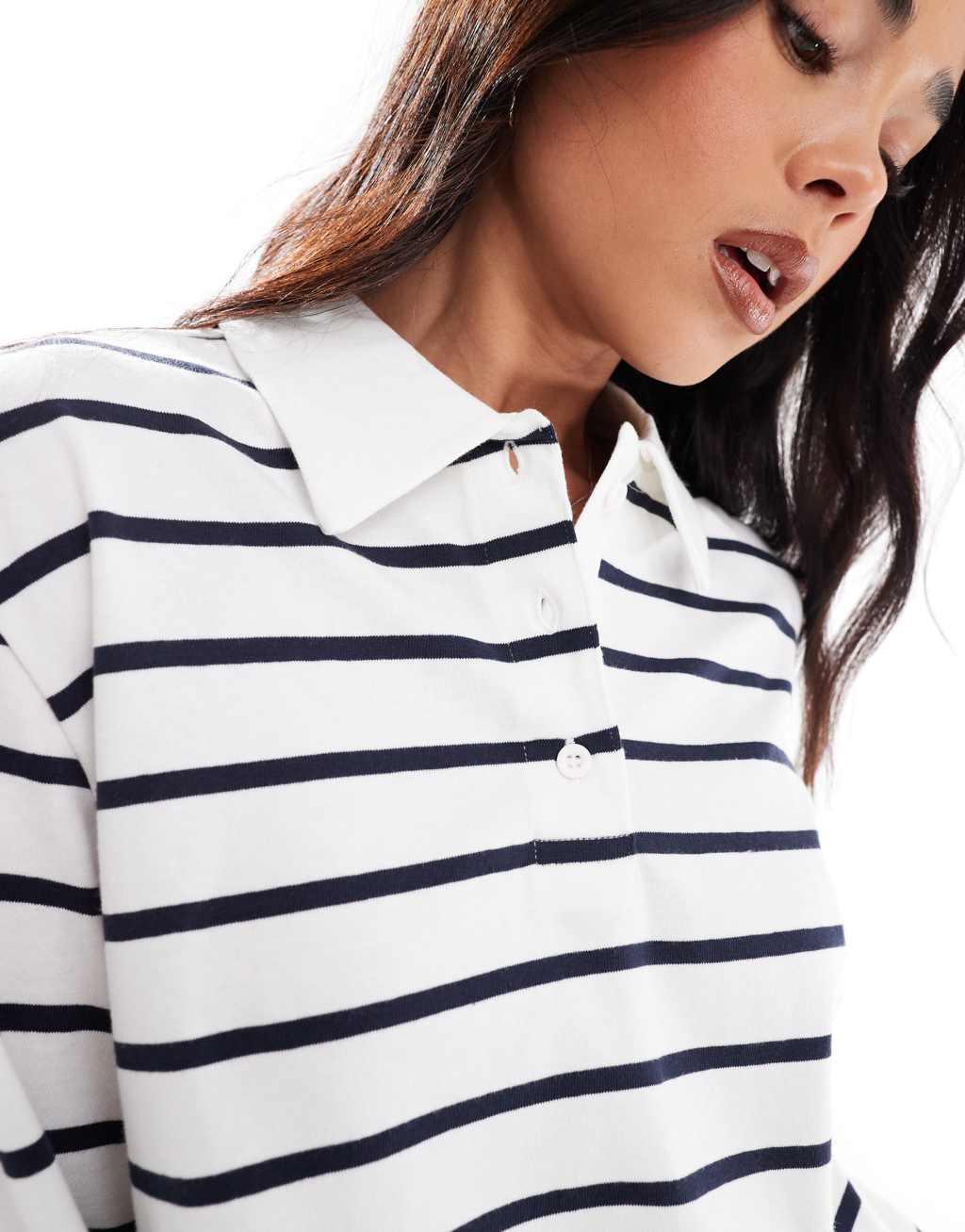 ONLY stripe long sleeve polo in white & navy Product Image